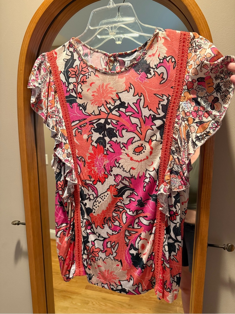 Anthropology Womens Coral Pink Floral Ruffle Sleeve Top